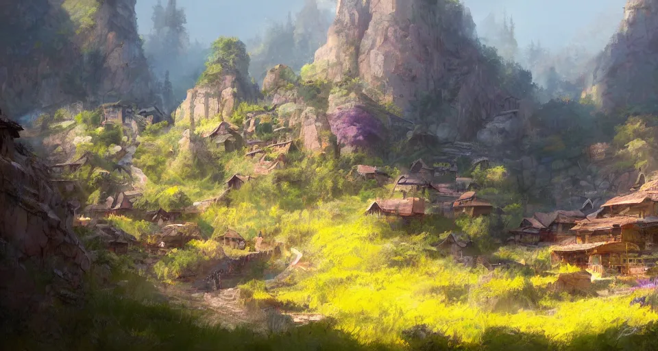 Image similar to natural beauty village on a mountain slope, realistic concept art, eytan zana, one pixel brush, by eugene von guerard, ivan shishkin, lavander and yellow color scheme, dramatic lighting, concept art, trending on artstation