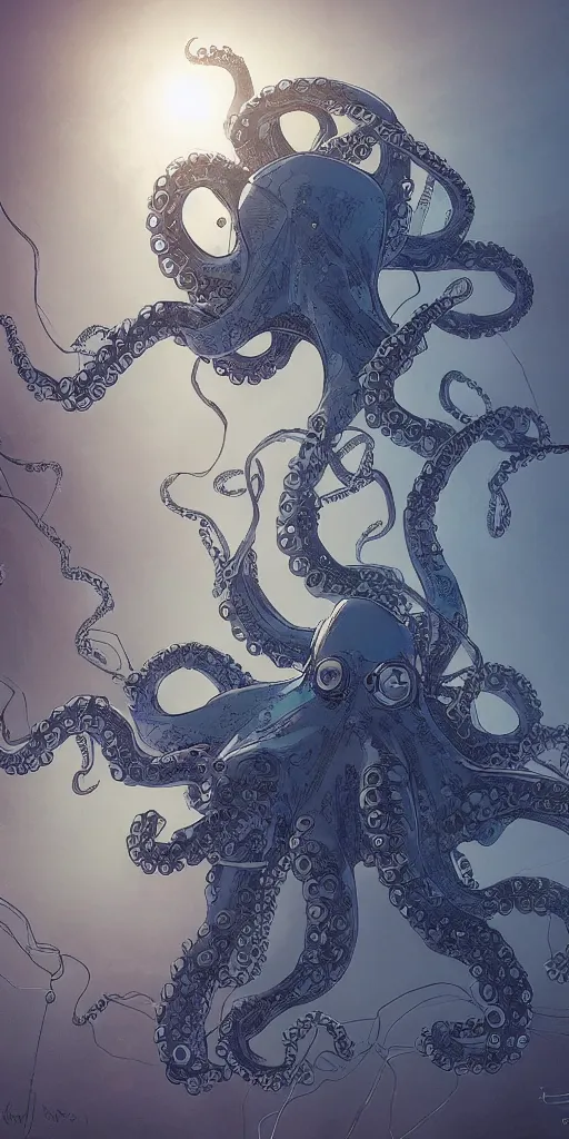 Image similar to robotic octopus, style of james jean and laurie greasley and greg rutkowski, dynamic composition, dramatic lighting, hyper - realistic, ultra detailed, 8 k