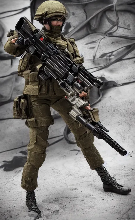 Prompt: an escalating violent firefight, highly detailed, high resolution, action figure of female soldier, collection product, stunning, girls frontline style, bokeh soft, 100mm, trending on instagram, by professional photographer, realistic human anatomy, realistic military carrier, modern warfare, realistic weapon, shot with a arriflex 35 ii, low saturation