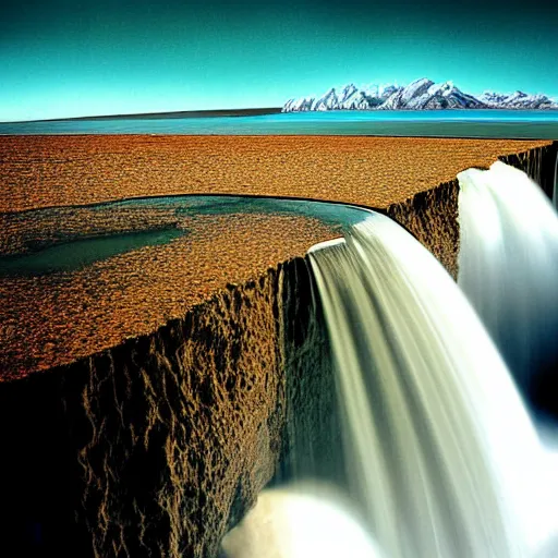 Image similar to the edge of the flat earth, national geographic photograph, water falling into nothing, mountains