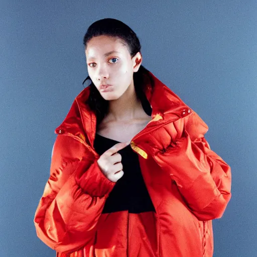 Prompt: realistic! photoshoot for a new vetements lookbook, color film photography, portrait of a beautiful woman, model wearing a puffer jacket, in style of tyler mitchell, 35mm