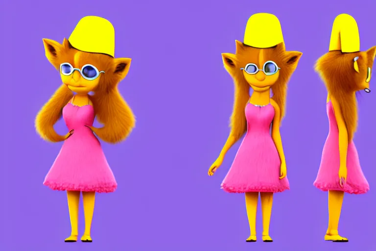 Prompt: detailed flat 2 d : marten character : wearing jewelry and pink dress and yellow hat : head torso legs feet : lorax movie : artstation