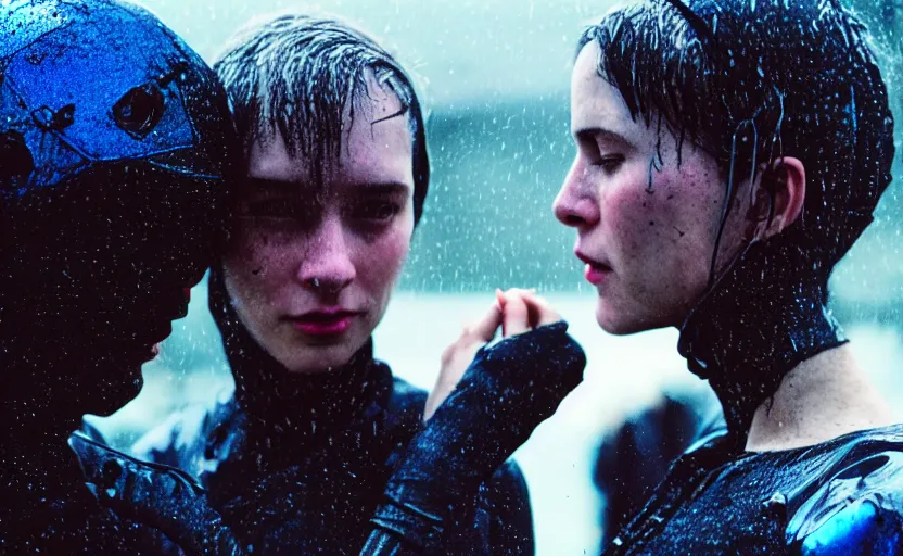 Prompt: cinestill 5 0 d candid photographic portrait by stanley kubrick of two loving female androids sobbing wearing rugged black mesh techwear in treacherous city waters, medium closeup, retrofuturism cyberpunk moody emotional cinematic, pouring iridescent rain bright spotlight, 8 k, hd, high resolution, 3 5 mm, f / 3 2, ultra realistic faces, ex machina