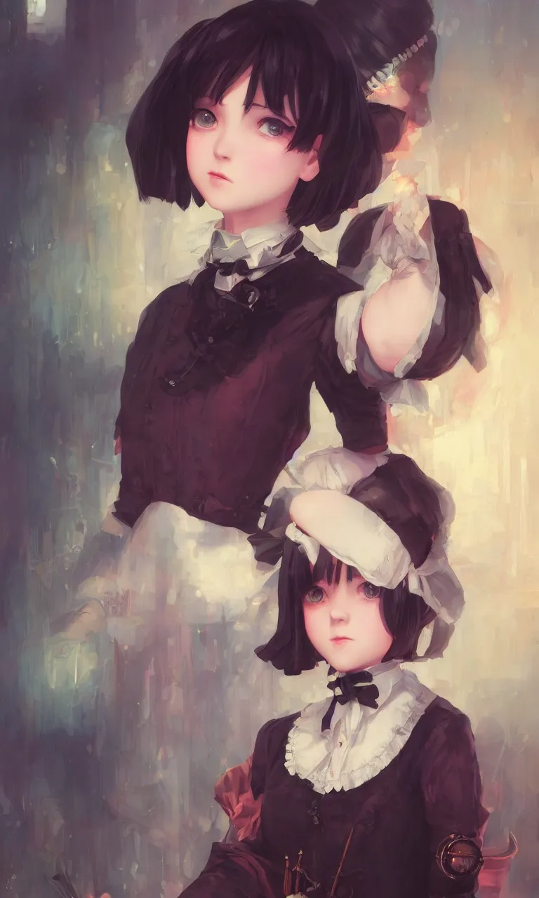 Image similar to a portrait of a cute young Victorian maid with black bob cut hair, steampunk setting, vivid colors, soft lighting, atmospheric, cinematic, moody, in the style of Ilya Kuvshinov and Range Murata, Krenz Cushart, oil on canvas, 8k