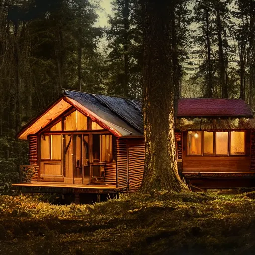 Prompt: my grandpa build a cozy home in middle of the deep forest, forest demigod headquarter, artistic photo composition, lot of ornamental dim soft lights