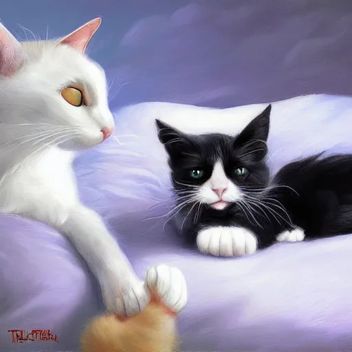 Image similar to a black and white cat and a calico cat sleeping peacefully together in cat heaven, puffy clouds, dreamy, painted by Tyler Edlin