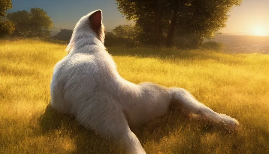 Image similar to back view of a dog watching the sun sitting on the hill, hyperdetailed, artstation, cgsociety, 8 k