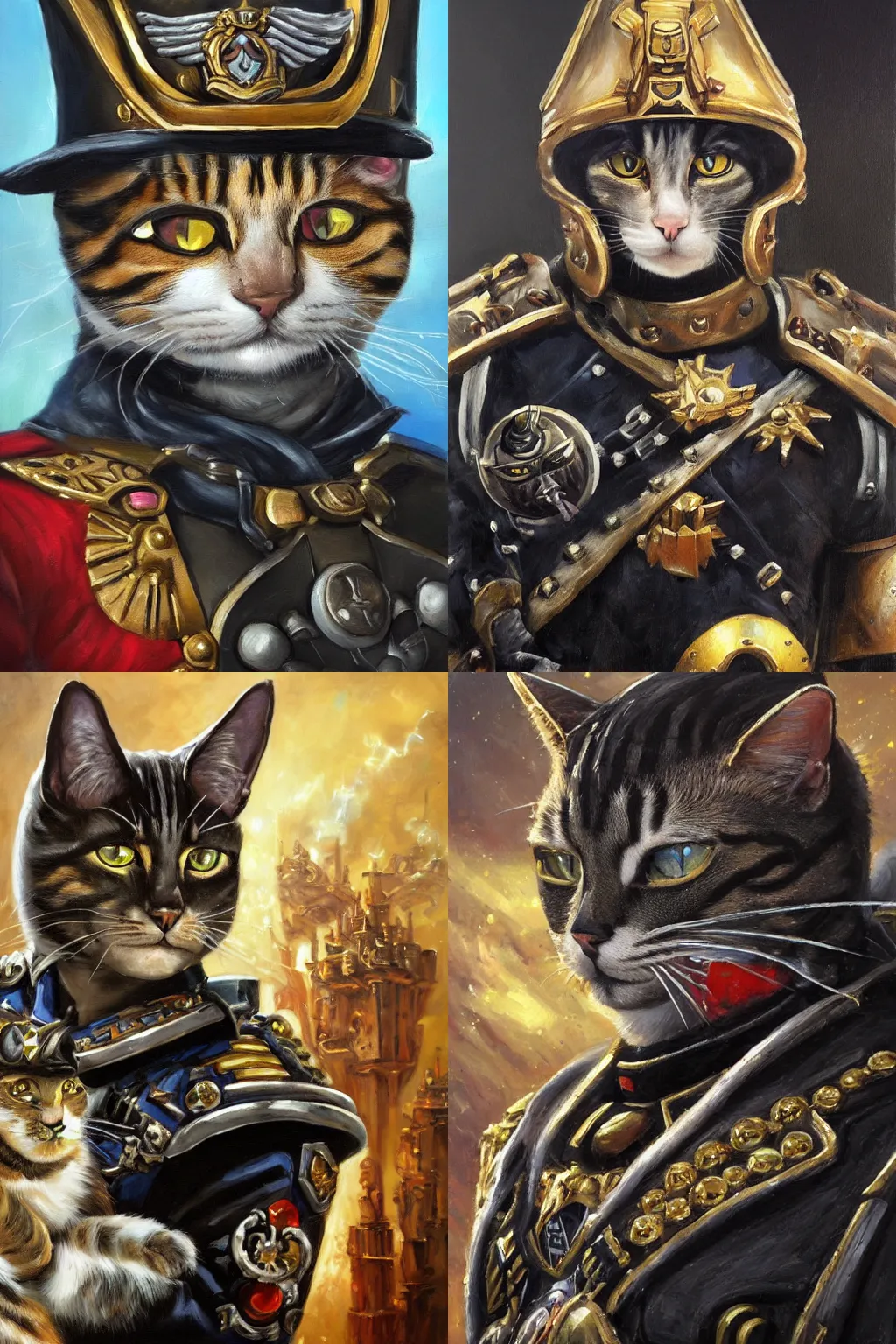 Prompt: an oil painting of a cat as an Imperial officier from the Warhammer 40k, sparkly detailed cat eyes, glorious, cinematic, realistic lighting, masterpiece, smooth, Warhammer 40k, military, oil painting of a cat as an Imperial officier from the Warhammer 40k, sparkly detailed cat eye