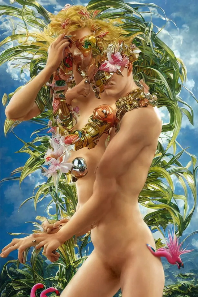 Prompt: an extreme close - up of a chrome cyborg lycra nymph with long fluffy golden blonde hair wrestling with a giant flamingo, tropical flower plants, pigmented smoke, by hajime soryama, boris vallejo, artgerm, greg rutkowski, alphonse mucha