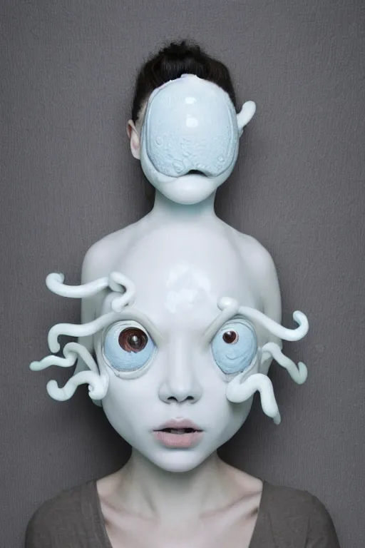 Image similar to full head and shoulders, beautiful porcelain female person, mixed with giant frog spawn eyes, smooth, delicate facial features, white detailed eyes, white lashes, 3 d white shiny thick, larg tentacles and eyeballs by daniel arsham and james jean