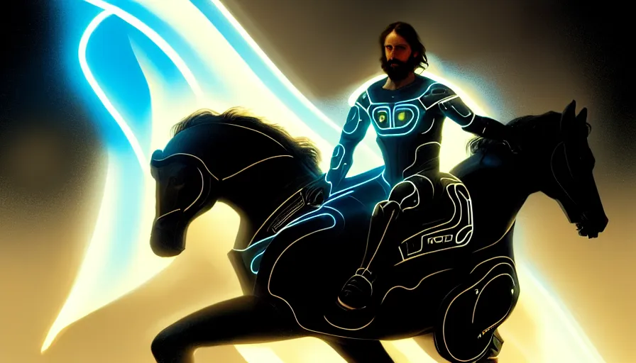 Image similar to tron legacy jesus riding cyborg horse, face, diffuse lighting, hyper realistic, concept art, intricate, hyper detailed, smooth, sharp focus, illustration, trending on artstation, art by greg rutkowski and james gurney and alphonse mucha