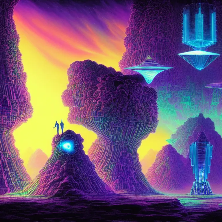 Image similar to mysterious satellites over epic mystical crystal temple, infinite fractal tesseract, quantum waves, synthwave, bright neon colors, highly detailed, cinematic, tim white, vladimir kush, jim burns, bob eggleton, philippe druillet, kubrick, aubrey beardsley, michael whelan, alfred kelsner, boris vallejo