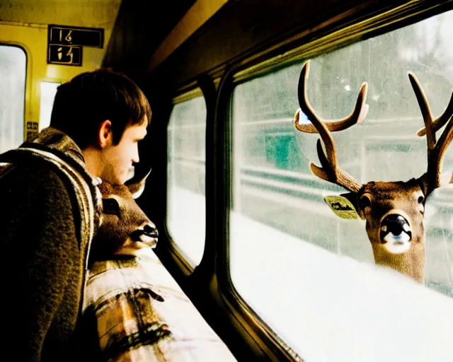 Image similar to a lomography photo of rumble between two human with deer head in soviet train this morning, bokeh,