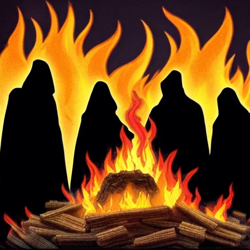 Prompt: a cult of black cloak wearing individuals summon a demonic bag of Fritos brand Fritos corn Fritos chips from the depths of a raging fire pit. Flames are emerging from fissures in the ground.