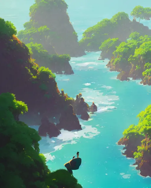 Image similar to an archipelago with strange rock formations, lush vegetation, turquoise water, cory loftis, james gilleard, atey ghailan, makoto shinkai, goro fujita, studio ghibli, rim light, exquisite lighting, clear focus, very coherent, plain background, soft painting