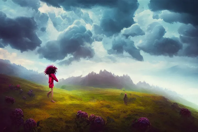 Image similar to face covered giant dahlia flower, girl on mountain, surreal photography, blue storm clouds, dramatic light, impressionist painting, digital painting, artstation, simon stalenhag