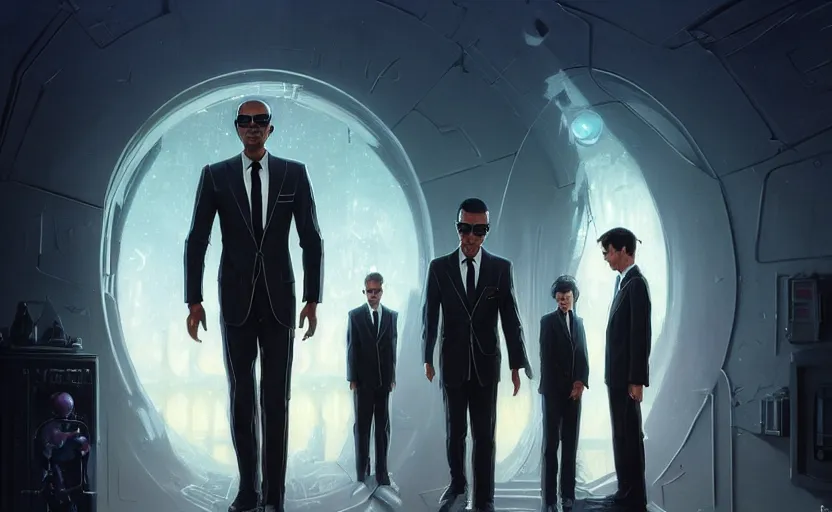 Image similar to highly detailed portrait of men in black, in resident alien, stephen bliss, unreal engine, fantasy art by greg rutkowski, loish, rhads, ferdinand knab, makoto shinkai and lois van baarle, ilya kuvshinov, rossdraws, tom bagshaw, global illumination, radiant light, detailed and intricate environment