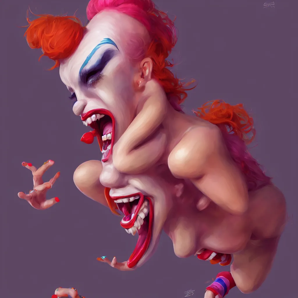 Image similar to a beautiful female clown laughing, full - body and head view, highly detailed, zeronis style, artstation, soft light, sharp focus, illustration, character design, concept art