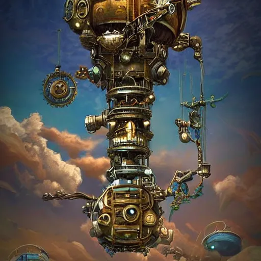 Image similar to flying city in a mechanical flower, sky, steampunk!!!, fantasy art, steampunk, masterpiece, octane, jared wulfe