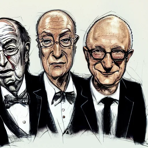 Image similar to Jacob Rothschild and george soros and bill gates and Klaus Schwab by Ralph Steadman, dollar bills, body horror, evil, scribbles biopunk, 8k , trending on artstation