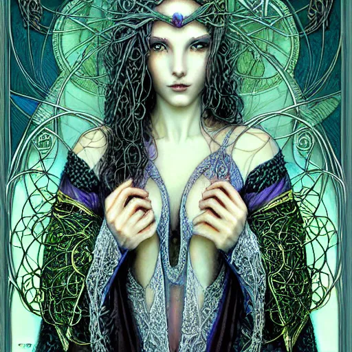 Image similar to a closeup portrait of a beautiful art nouveau cyberpunk scientist in filigree fractal robes by ted nasmith and luis royo