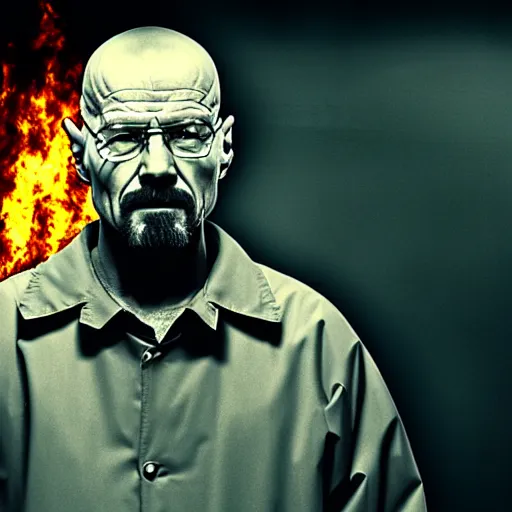 Image similar to a photo of walter white standing in front of a building on fire, highly detailed, 4 k