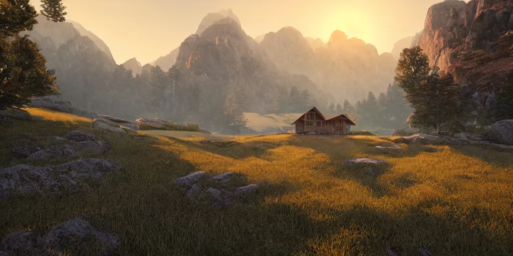 Image similar to a serene mountainous landscape with a singular building at sunrise, concept art, octane render, unreal engine 5, trending on DeviantArt, highly detailed, high quality, 4K, symmetrical, godrays, complementary colors, path traced, matte painting, breathtaking landscape, epic image, soft lighting