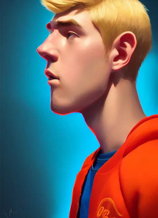 Image similar to portrait of high school senior boy named big moose, blonde short hair, jock, beefy, wide face, square jaw, square facial structure, blue varsity jacket with letter r, intricate, elegant, glowing lights, highly detailed, digital painting, artstation, concept art, sharp focus, illustration, art by wlop, mars ravelo and greg rutkowski