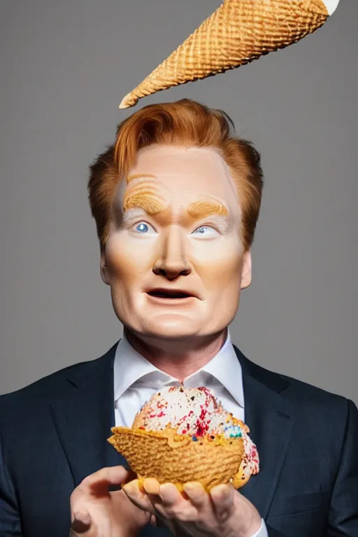 Image similar to 📷 conan o'brien the ice - cream cone 🍦, made of food, head portrait, dynamic lighting, 4 k