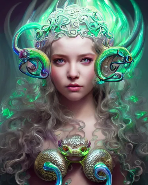 Image similar to cute female medusa woman dragon chimera of iridescent liquid, alchemy, shiny plastic, intricate, bloom, detailed, volumetric lighting, sharp focus, photorealism, digital painting, highly detailed, concept art, by by artgerm and wlop