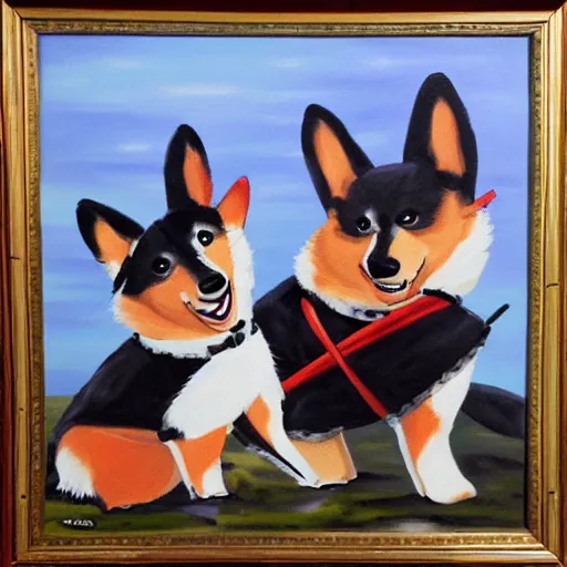 Image similar to oil painting on matte canvas of corgi samurais preparing for battle