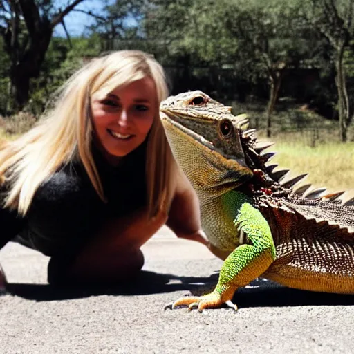 Image similar to a giant bearded dragon hanging out with blonde hair women