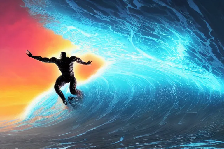 Prompt: a wide angle dynamic action photo of the silhouette of a cybernetic black man with dreadlocks surfing an opal barrel wave, neon lightning storm, by clark little and rhads in a surreal style, concept art by artgerm, ( wave porn ), highly detailed, infinite intricacy fractal, sunset