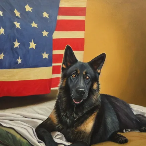 Image similar to a oil painting of a anthropomorphic german shepherd beast - man, wearing military outfit, lying on a humble unmade bed wrinkled bed sheets