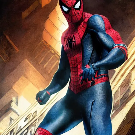 Image similar to ryan reynolds as spider - man, wearing a black and blue suit, cinematic, volumetric lighting, f 8 aperture, cinematic eastman 5 3 8 4 film, photorealistic by greg rutkowski, by stanley artgerm, by alphonse mucha