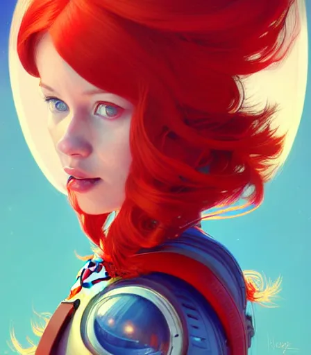 Prompt: astronaut girl with vibrant red hair with astronaut helmet, hourglass slim figure, blue eyes, dungeons and dragons portrait, highly detailed, digital painting, artstation, concept art, sharp focus, illustration, art by artgerm and greg rutkowski and alphonse mucha