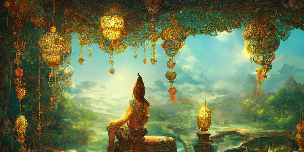 Prompt: painting of a wind god enjoying the view from his ornate heavenly palace, decorated with windchimes and paper lanterns, stunning green nature in background, digital art trending on artstation