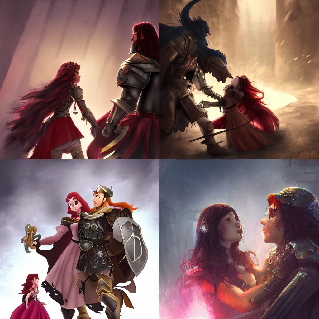 Prompt: Photorealistic Disney, the armored male knight with dark hair beside the beautiful young princess with wavy red hair, both exploring a deadly dungeon, dramatic composition, strong lighting, distant shot, trending on pixiv