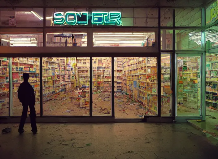 Prompt: detailed portrait of backlit windows of a narrow used electronics store, neon guard boy wanders the messy aisles, keyboards, iconic scene from the paranoid thriller sci fi film directed by wes anderson, anamorphic cinematography, beautiful composition, color theory, leading lines, photorealistic, volumetric lighting