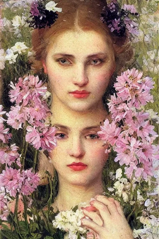Prompt: close - up fashion woman portrait airy flowers clouds art by vasnetsov