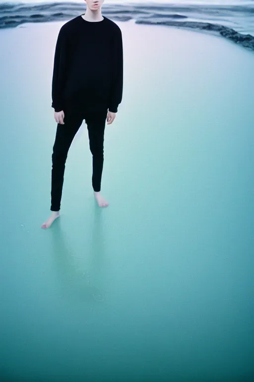 Prompt: high quality pastel coloured film mid angle docu photograph of a beautiful young 2 0 year old male, soft features, short black hair, oversized clothing, in icelandic black rock pool environment. atmospheric. three point light. photographic. art directed. ( pastel colours ). volumetric light. clearcoat. waves glitch. 8 k. filmic.