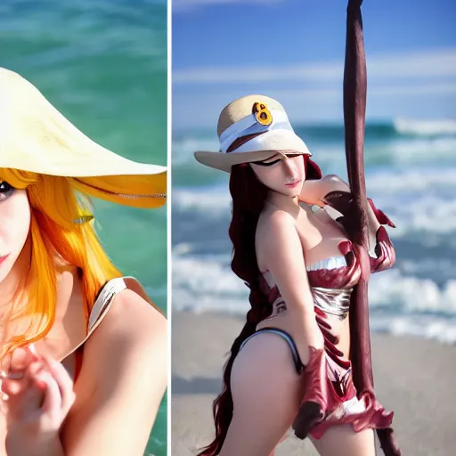 Image similar to headshot of a cute girl cosplaying as Nami from One Piece standing on a beach, cosplay, close up, photo by Sarah Moon