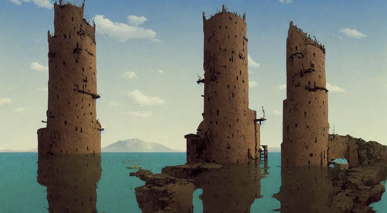 Prompt: single flooded simple stone wooden tower, very coherent and colorful high contrast!! masterpiece by rene magritte simon stalenhag carl spitzweg syd mead norman rockwell edward hopper james gilleard, minimalist, dark shadows, sunny day, hard lighting