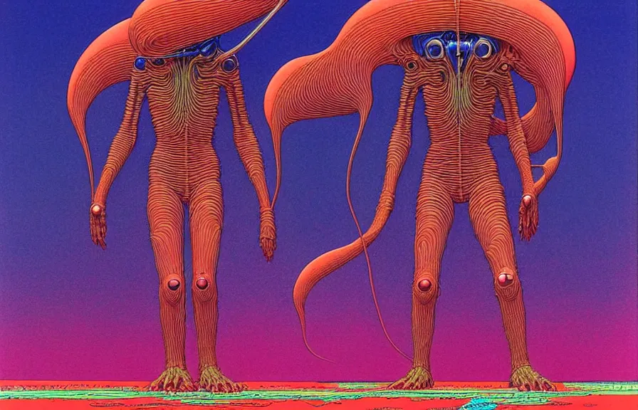 Image similar to ( ( ( ( a humanoid creature from another planet. ) ) ) ) by mœbius!!!!!!!!!!!!!!!!!!!!!!!!!!!, overdetailed art, colorful, artistic record jacket design