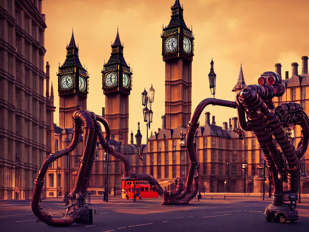 Image similar to a giant ancient beautiful cyborg of the elder gods with pipes and tubes in the city of London, an image of a beautiful cyborg, a beautiful cyborg, a cyborg, London streets with bigben in the background, colourful, dramatic lighting, golden hour, very detailed octane render very realistic beautiful