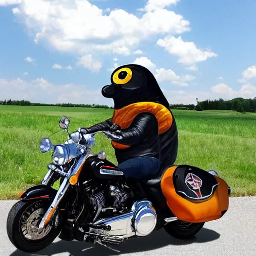 Prompt: giant bee on a Harley Davidson on the road, funny picture