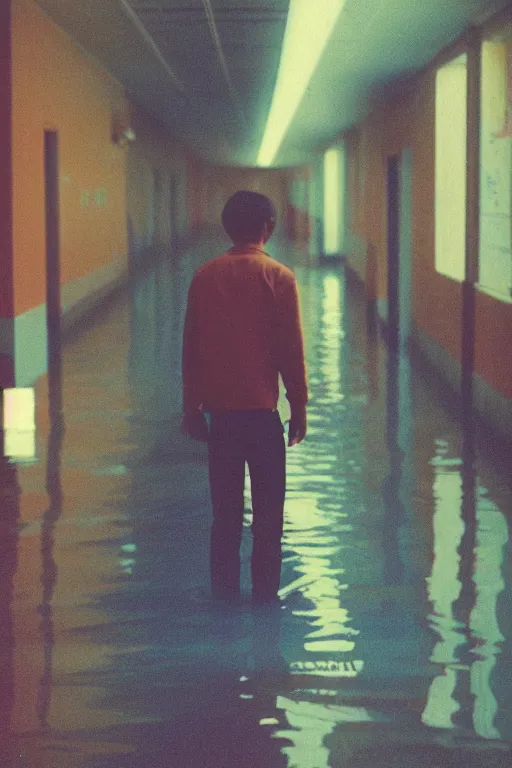 Image similar to agfa vista 4 0 0 photograph of a guy standing in a school hallway flooded with water, synth vibe, vaporwave colors, lens flare, moody lighting, moody vibe, telephoto, 9 0 s vibe, blurry background, grain, tranquil, calm, faded!,