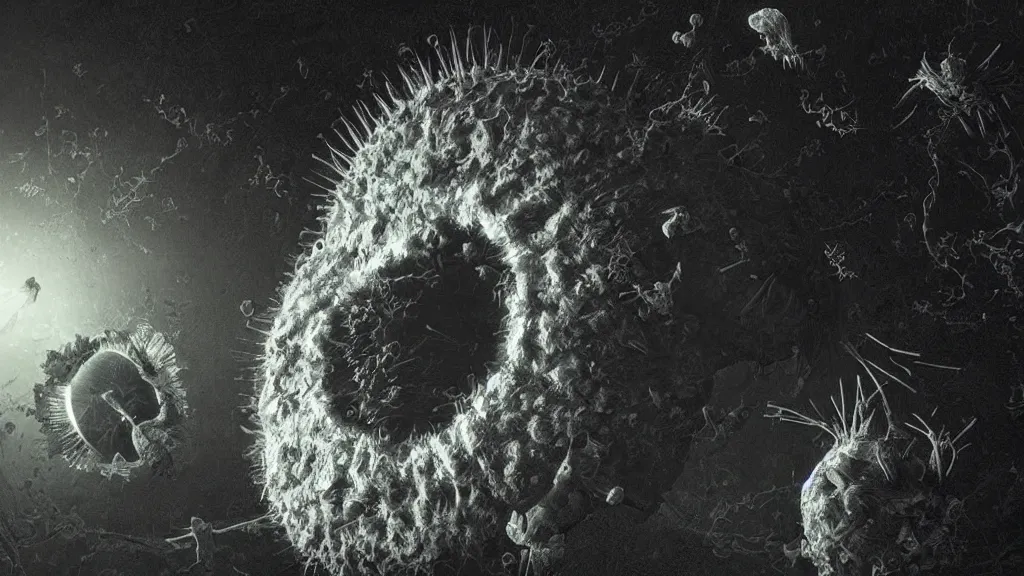 Image similar to a beautiful microscopic scientific photo of a coronavirus and a strange life form seen through an electron microscope, dark, sinister, detailed, art by Greg Rutkowski