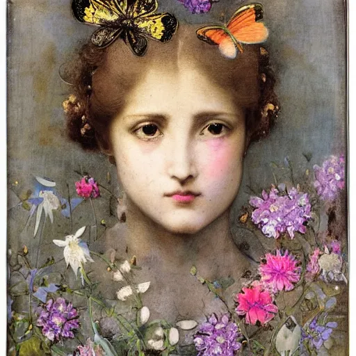 Prompt: a beautiful young lady with huge bright silver eyes, explosion of flowers and butterflies, daguerreotype by pontormo, by gustave moreau, by Mackintosh, art noveau, highly detailed, strong lights, liminal, eerie, Bright pastel colors