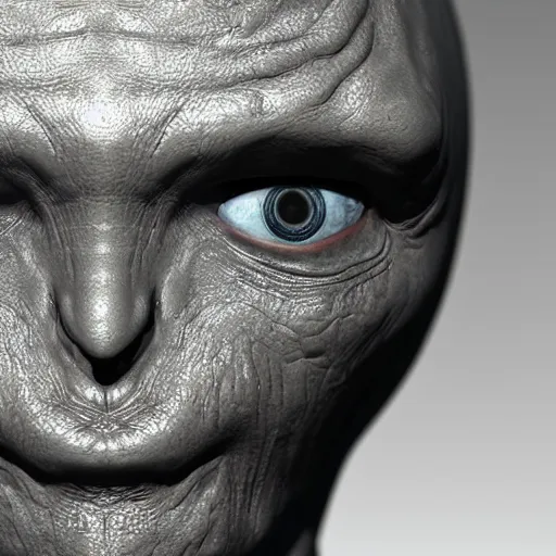 Image similar to a close up of a sad Roswell grey alien head with a white background, a hologram by Alan Bean, featured on zbrush central, hurufiyya, zbrush, polycount, airbrush art